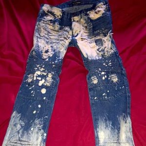 Blue stone wash w black, white splatter GS15 jeans.